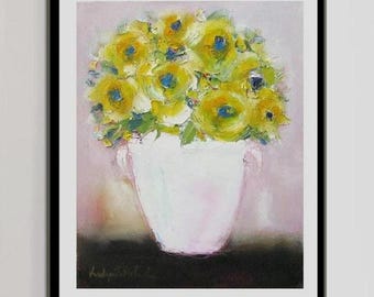 Original Ölgemälde Blumen auf Leinwand: Pink & Gelb Stillleben (16x20)