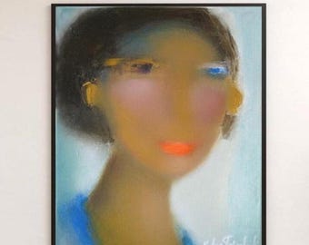 May include: A framed portrait painting featuring a blurred, soft-focus face with dark hair, a golden-toned complexion, and bright orange lips. The background is a pale, cool blue, and the artist's signature is visible in the bottom right corner.