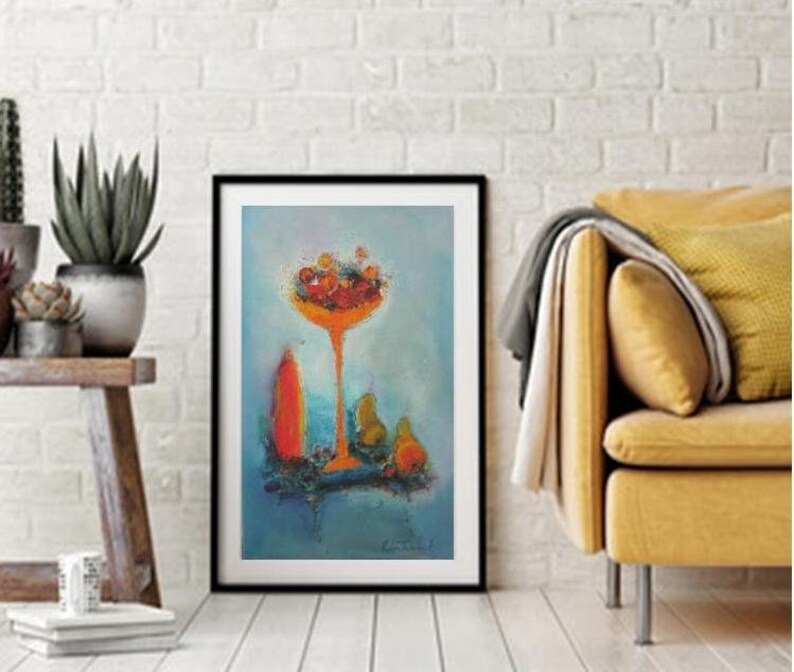 Still Life in Blue Kitchen wall art prints, turquoise orange red still life with fruits, art prints for dining room blue wall art canvas image 2