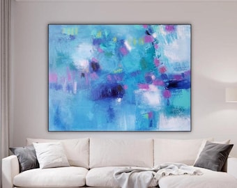 May include: A large rectangular canvas painting featuring an abstract composition dominated by various shades of blue, including sky blue, turquoise, and deep navy. The artwork incorporates textured brushstrokes with accents of magenta and white.