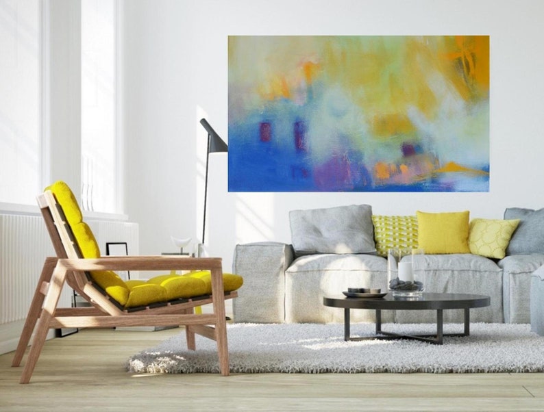 Blue Yellow Horizontal Abstract Wall Art Giclee Canvas Prints