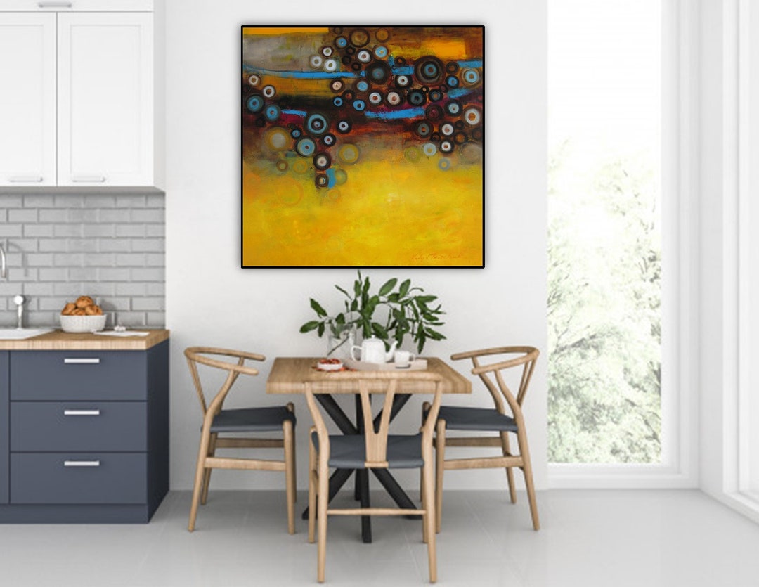 Mustard Yellow Blue Abstract Wall Art Print, Modern Painting Grey