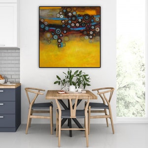 Mustard yellow blue abstract wall art print, modern painting grey canary yellow turquoise, office wall decor large square canvas art prints image 1