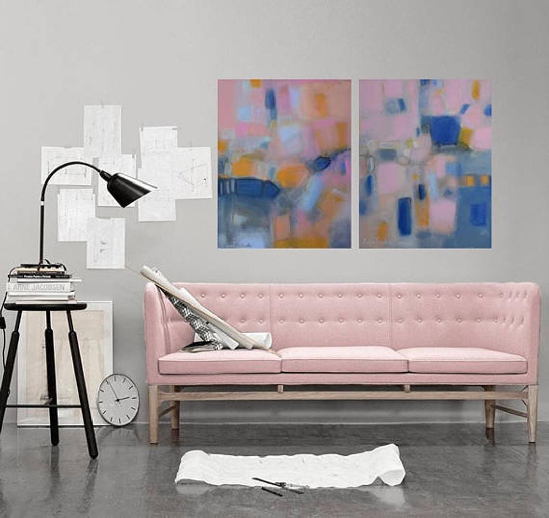 Abstract Art Set Split Canvas Wall Art Print Blush Pink Navy Etsy