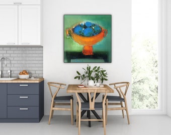 Abstract still life wall art print fruit painting green orange fruits kitchen wall decor square canvas art for dining room abstract artwork