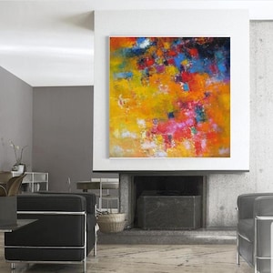 Colorful abstract wall art canvas, extra-large square giclee print, oversized artwork yellow-orange-red-bue bright textured art prints