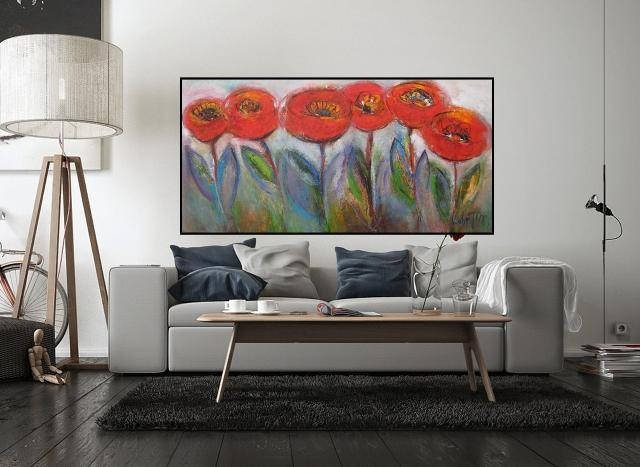Large original oil canvas wall art painting red poppy flowers | Etsy