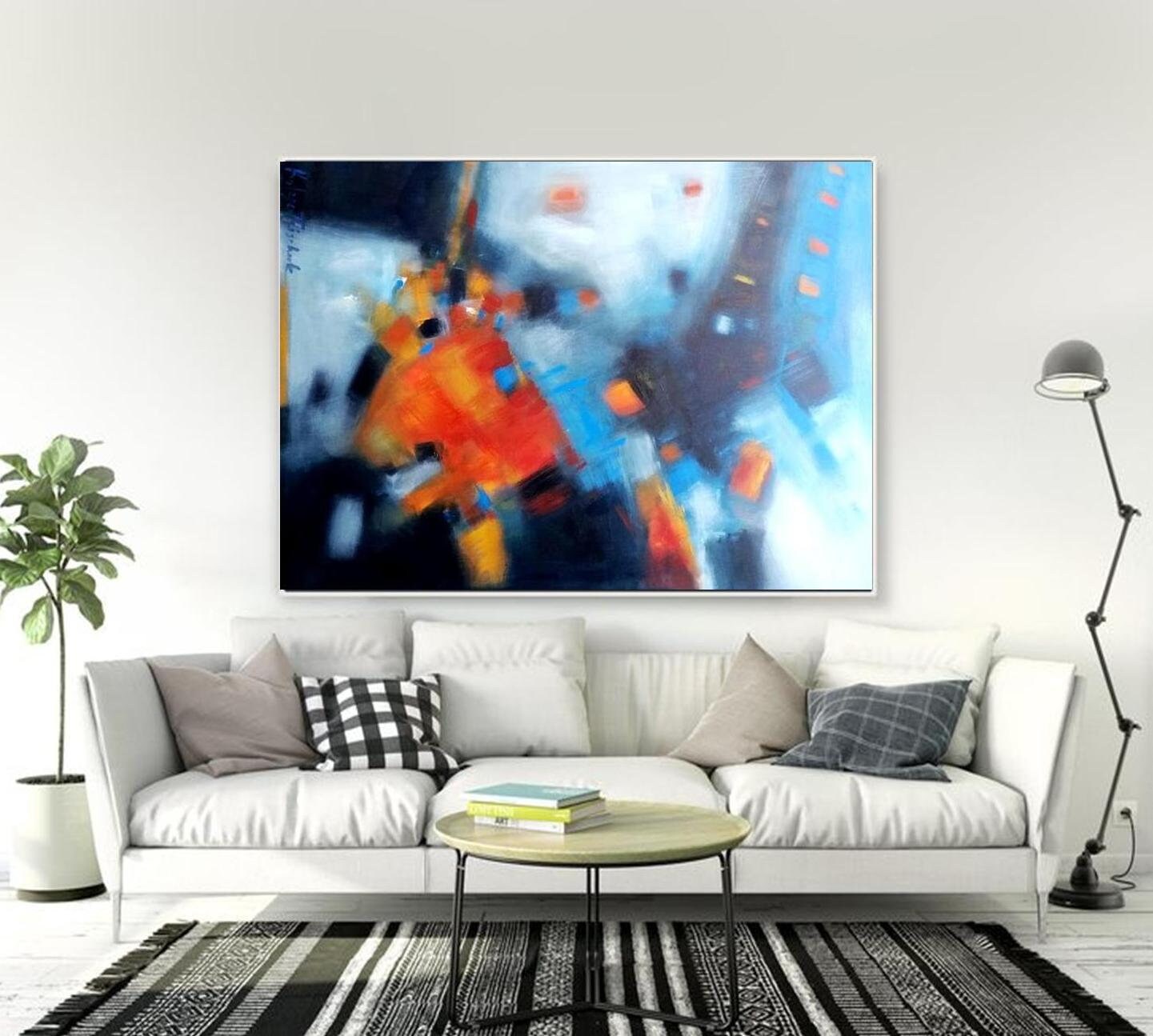 Extra large abstract art canvas navy blue red wall art canvas Etsy