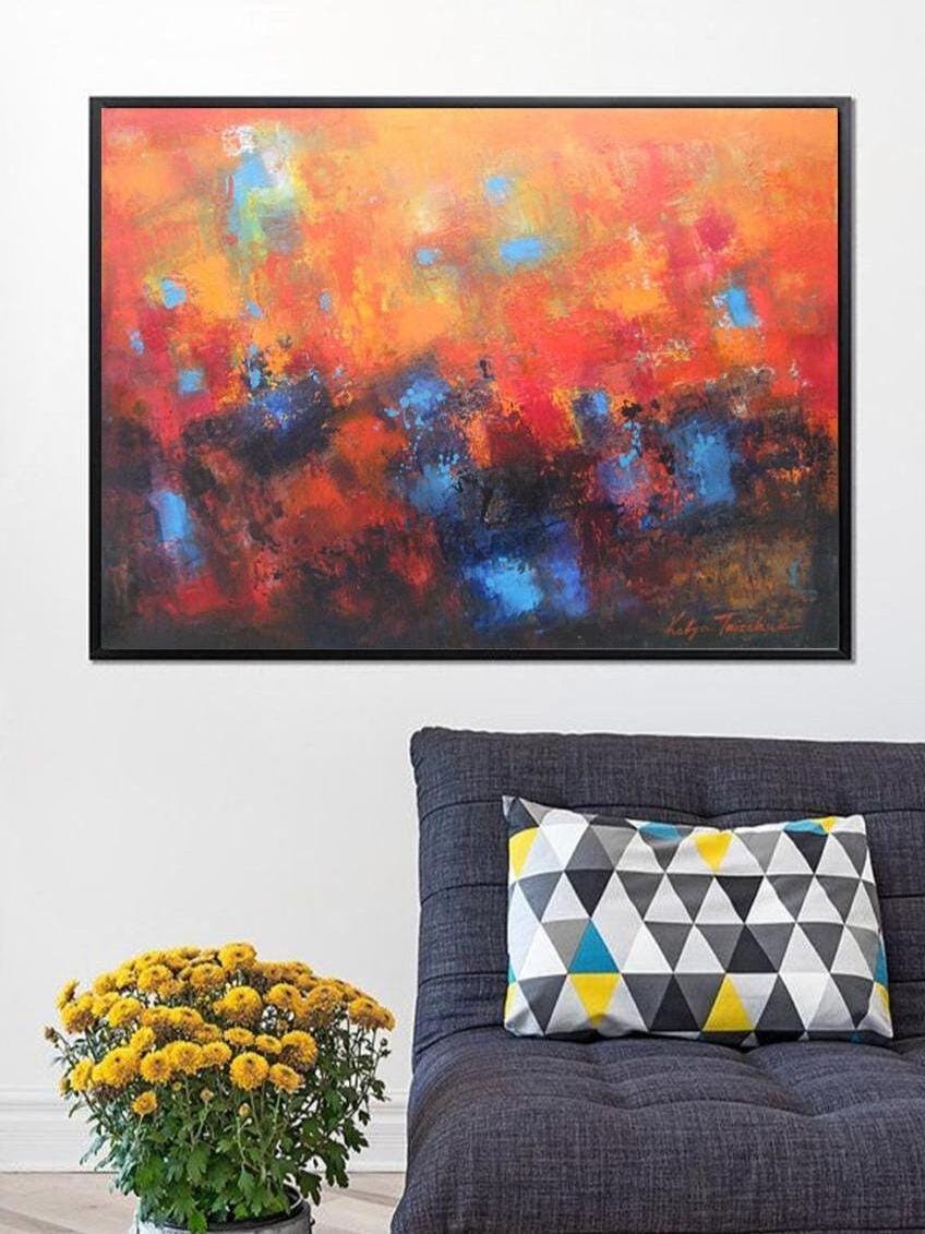 オリジナル抽象油絵：赤、オレンジ、青のキャンバスアート（30インチ