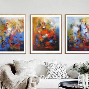 Triptych abstract wall art set, three panels canvas prints, mustard-yellow-red-navy art poster, large multi-panel giclee canvas wall decor