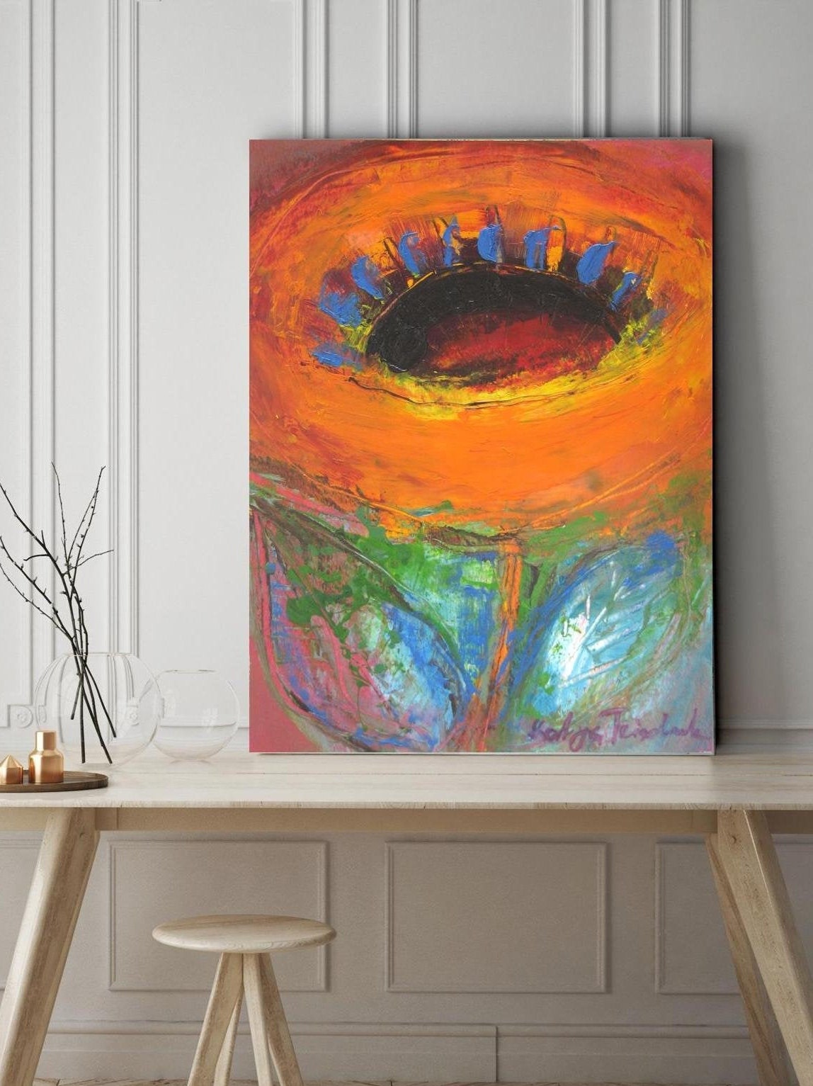 Large abstract flower wall art print orange artwork for Etsy