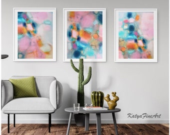 Triptych three piece wall art print, abstract painting set of 3  multi penal modern wall decor turquoise pink pastel posters Etsy art canvas