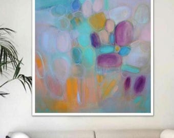 Pastel Abstract Oil Painting, Teal Pink Orange Artwork, Square Canvas Wall Art