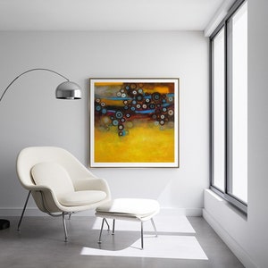 Mustard yellow blue abstract wall art print, modern painting grey canary yellow turquoise, office wall decor large square canvas art prints image 2