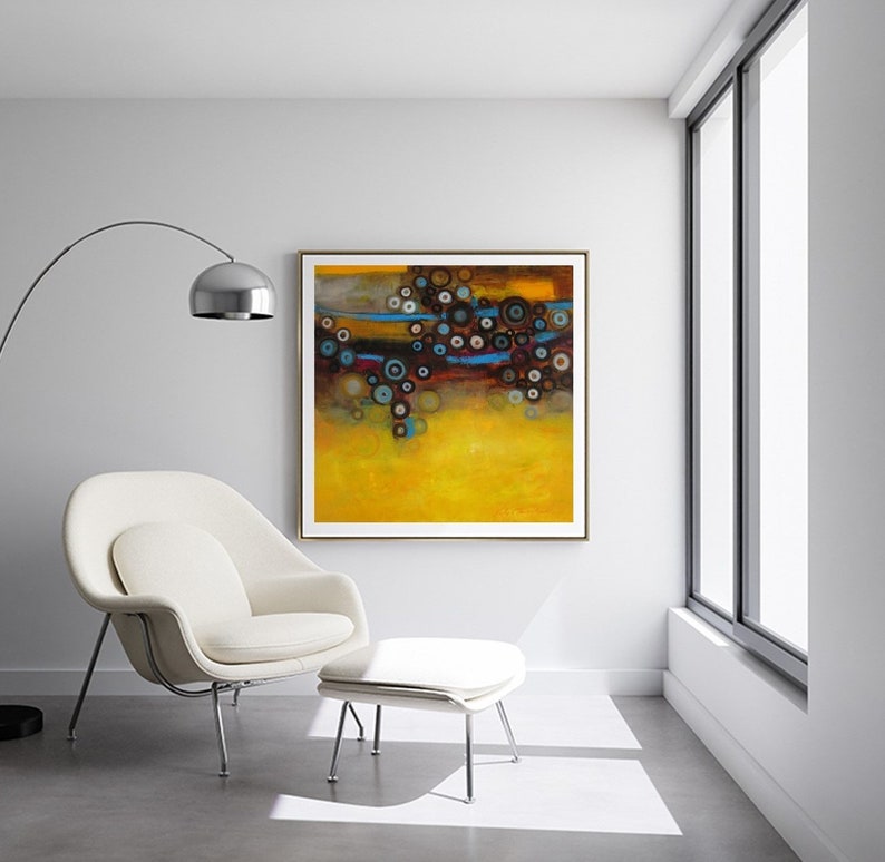 Mustard yellow blue abstract wall art print, modern painting grey canary yellow turquoise, office wall decor large square canvas art prints image 2