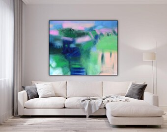 Abstract wall art canvas print modern pastel artwork green blue pink giclee art canvas prints large wall decor trending now colors Etsy art