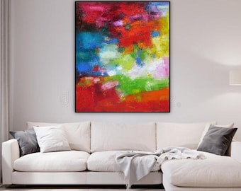 Large Abstract Oil Painting: Bright Red, Green, Blue Impasto Art