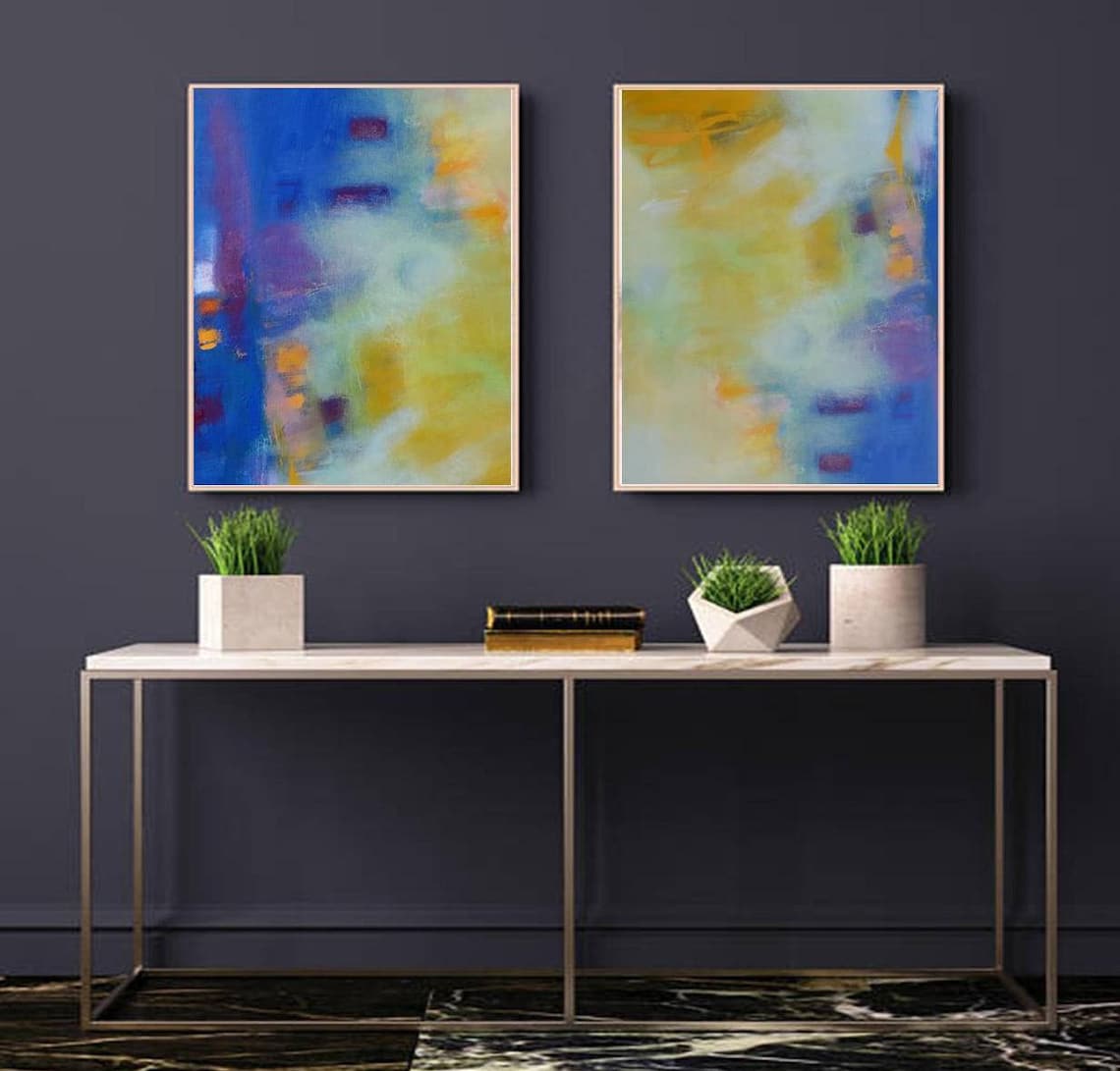 Blue and Yellow Wall Art Print Abstract Art Canvas Set of 2 Etsy