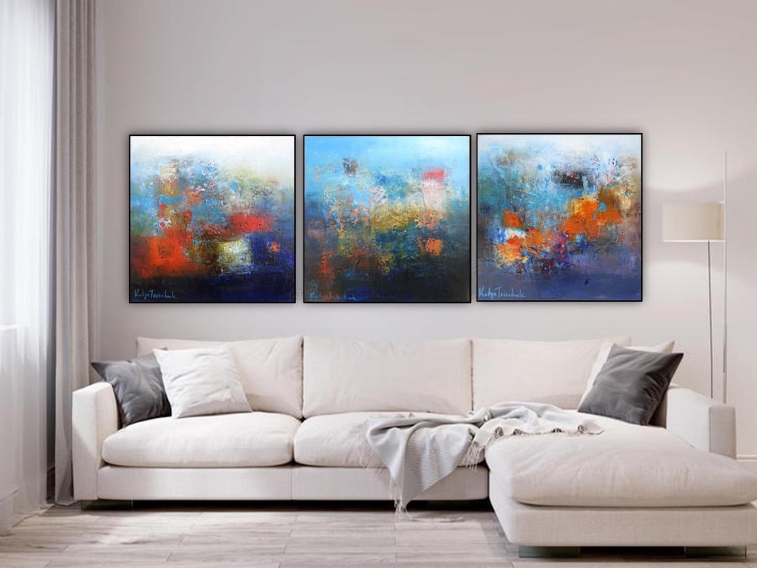 Abstract Triptych Wall Art Print Set: Red, Turquoise, Blue Modern Art ...