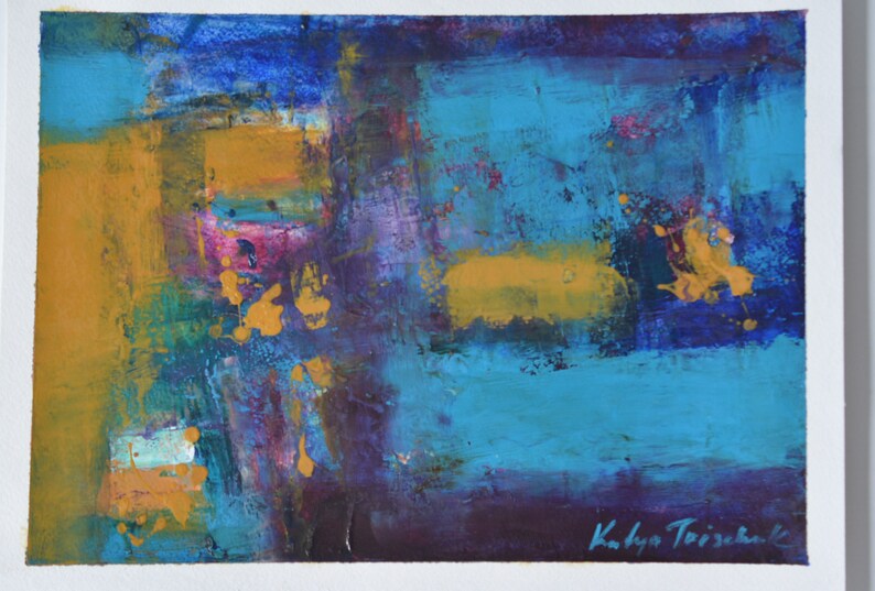 Original Abstract Wall Art Painting Oil On Paper Cobalt Blue Turquoise And Mustard Yellow Artwork Horizontal Abstract Art With Oil Textures Oil Art Collectibles Kromasol Com