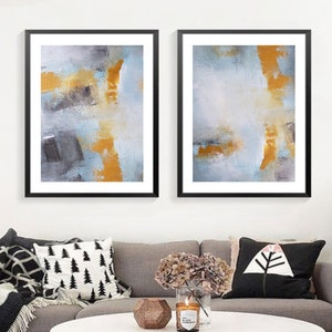 Two piece abstract wall art print, canvas wall art print set of 2 Diptych gray mustard yellow modern art prints home office wall decor