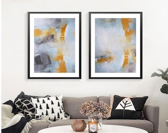 Two piece abstract wall art print, canvas wall art print set of 2 Diptych gray mustard yellow modern art prints home office wall decor