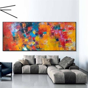 Long wall art abstract painting colorful extra large narrow art print, huge canvas oversized print bright art work modern office wall decor