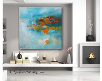 Abstract wall art large canvas print turquoise blue art, prints oversized artwork, giclee canvas huge print modern, office wall art painting