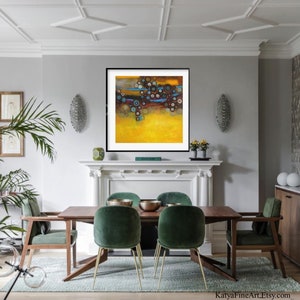 Mustard yellow blue abstract wall art print, modern painting grey canary yellow turquoise, office wall decor large square canvas art prints image 9