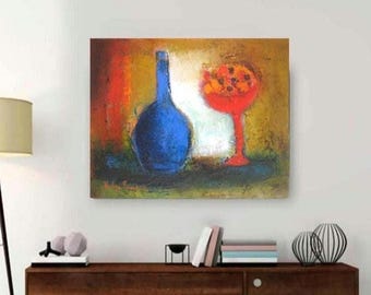 Blue Bottle Still Life, Original Oil Painting: Red Fruit Bowl, Modern Farmhouse Art