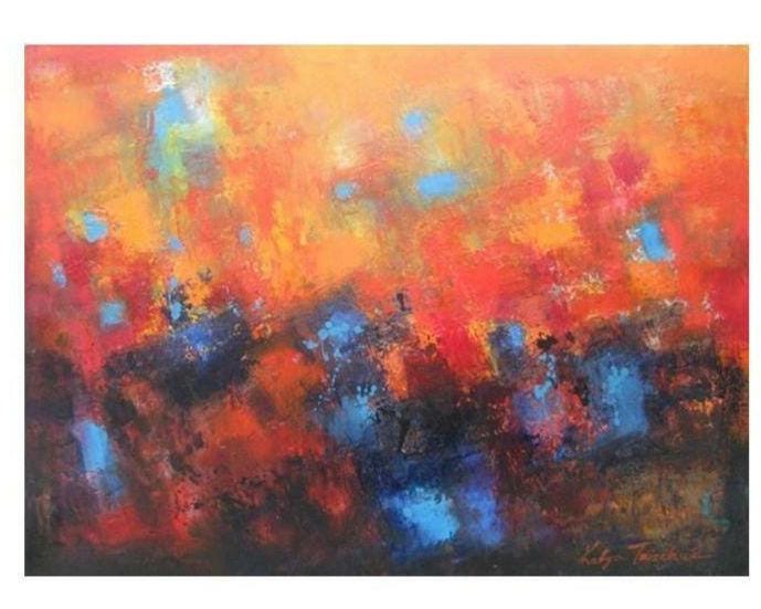 油絵抽象画 赤・オレンジ・青・灰色 オリジナル抽象油絵：赤、オレンジ、青のキャンバスアート（30インチ