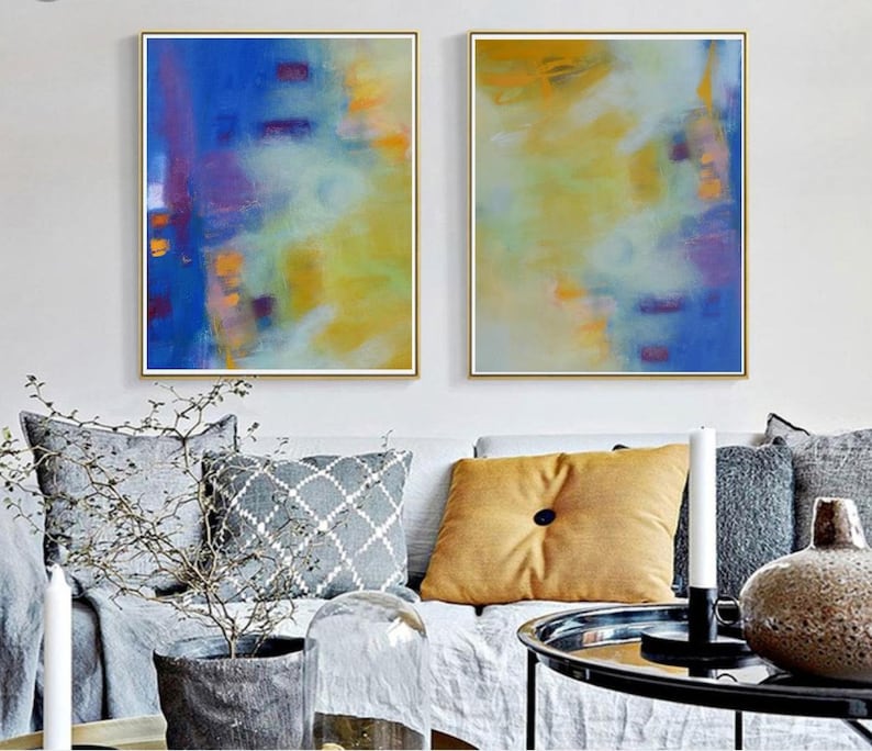 Blue and Yellow Wall Art Print Abstract Art Canvas Set of 2 Etsy