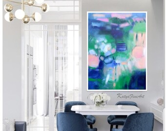 wall art painting on canvas original art in navy blue blush pink modern artwork on gallery stretched canvas, extra large original art