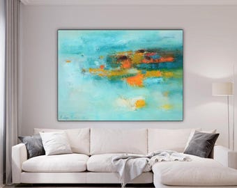 Duży, turkusowy, abstrakcyjny wydruk na płótnie: nowoczesna sztuka ścienna giclee, wystrój w stylu nadmorskim