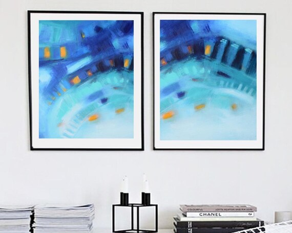 Abstract Diptych Canvas Print Set, Turquoise Blue Giclee Gallery