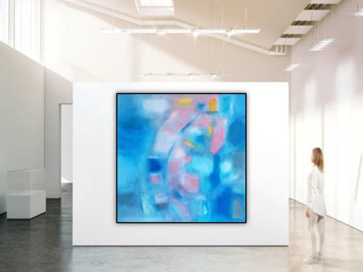 青い抽象キャンバス絵画：ターコイズ、ピンク、ラベンダーの大きな壁