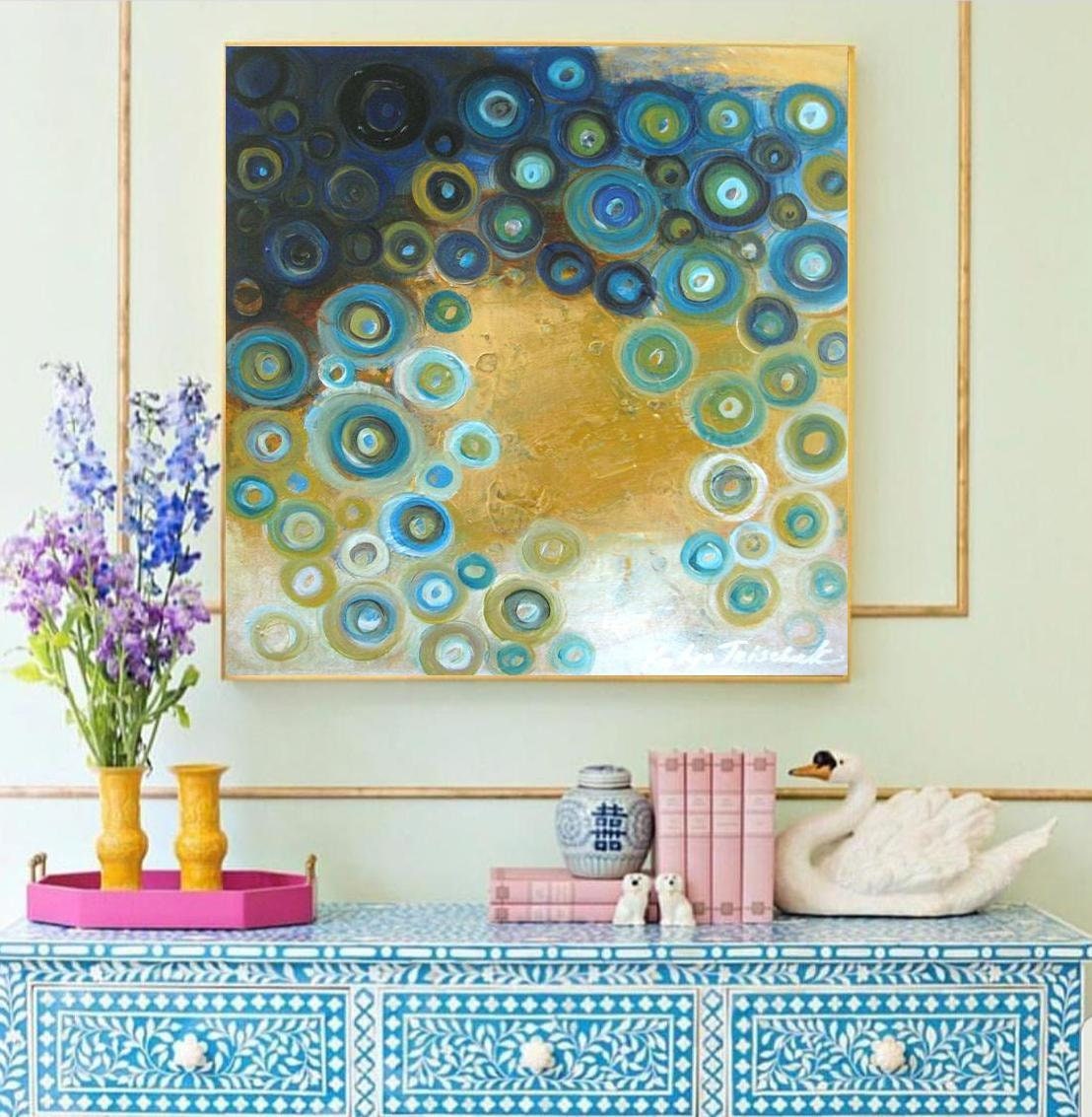 Modern Wall Art Abstract Teal and Gold Painting Giclee Canvas Etsy Canada