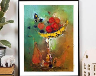Impressionist Still Life Print: Red Apples and Golden Pears - Harvest Wall Art