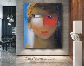 Retrato abstracto de hombre: arte mural moderno sobre lienzo, azul y rojo.