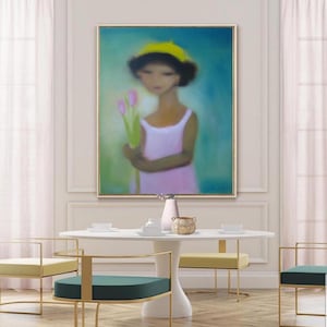 Girl with Tulips Wall Art Canvas Print: Abstract Female Portrait, Teal-Green & Pink Figurative Painting