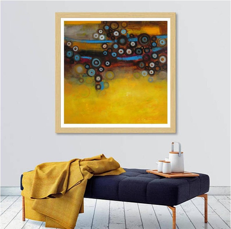 Mustard yellow blue abstract wall art print, modern painting grey canary yellow turquoise, office wall decor large square canvas art prints image 8
