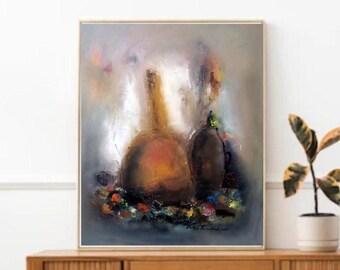 Impasto Oil Painting: Rustic Bottles & Fruit Still Life