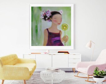 Girl wall art whimsical portrait female abstract art print, figurative artwork child with a lollypop girls room decor gift idea Etsy