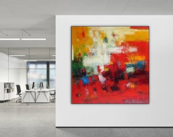 Red colorful abstract wall art canvas print above bed modern art prints extra large bright artwork huge square painting Etsy giclee canvas