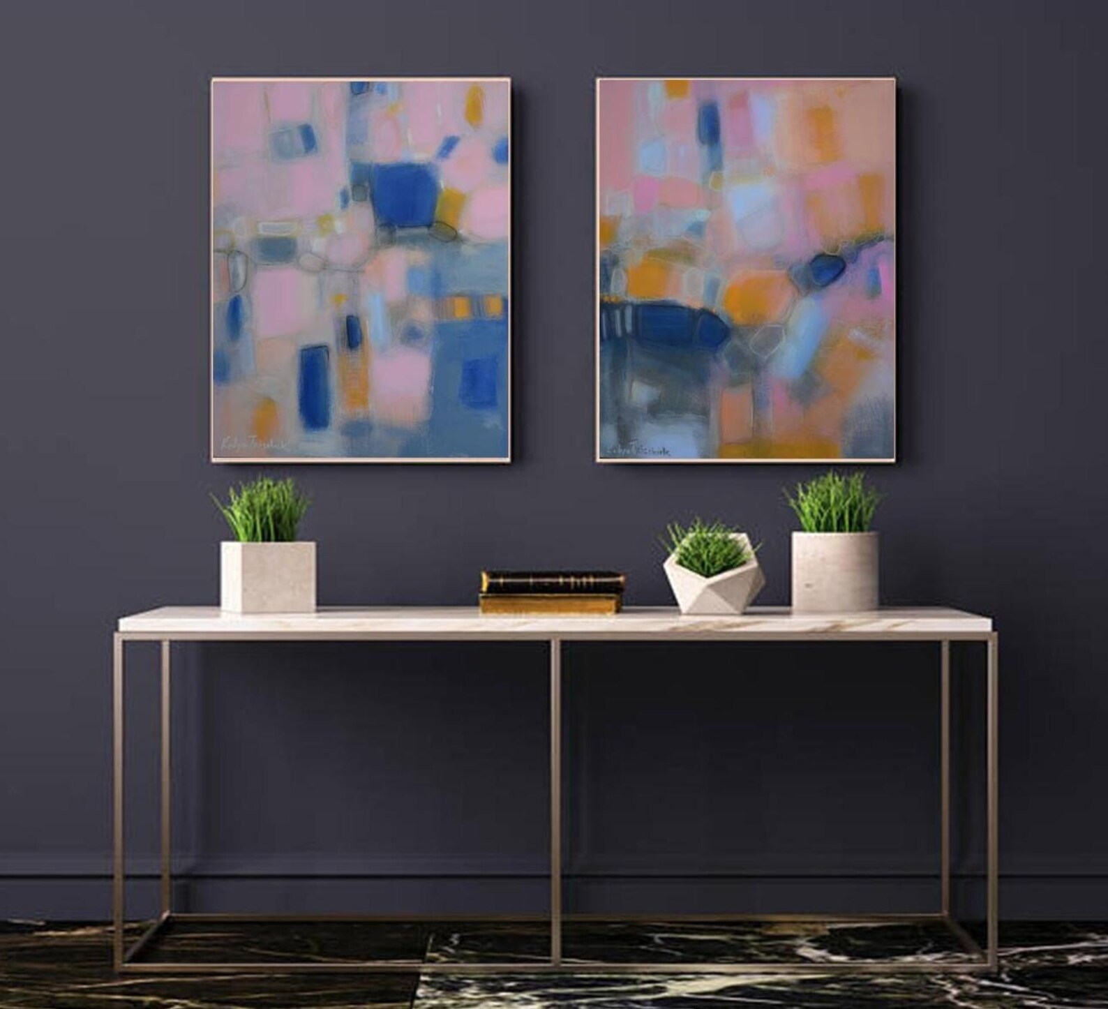 Abstract Art Set Split Canvas Wall Art Print Blush Pink Navy Etsy