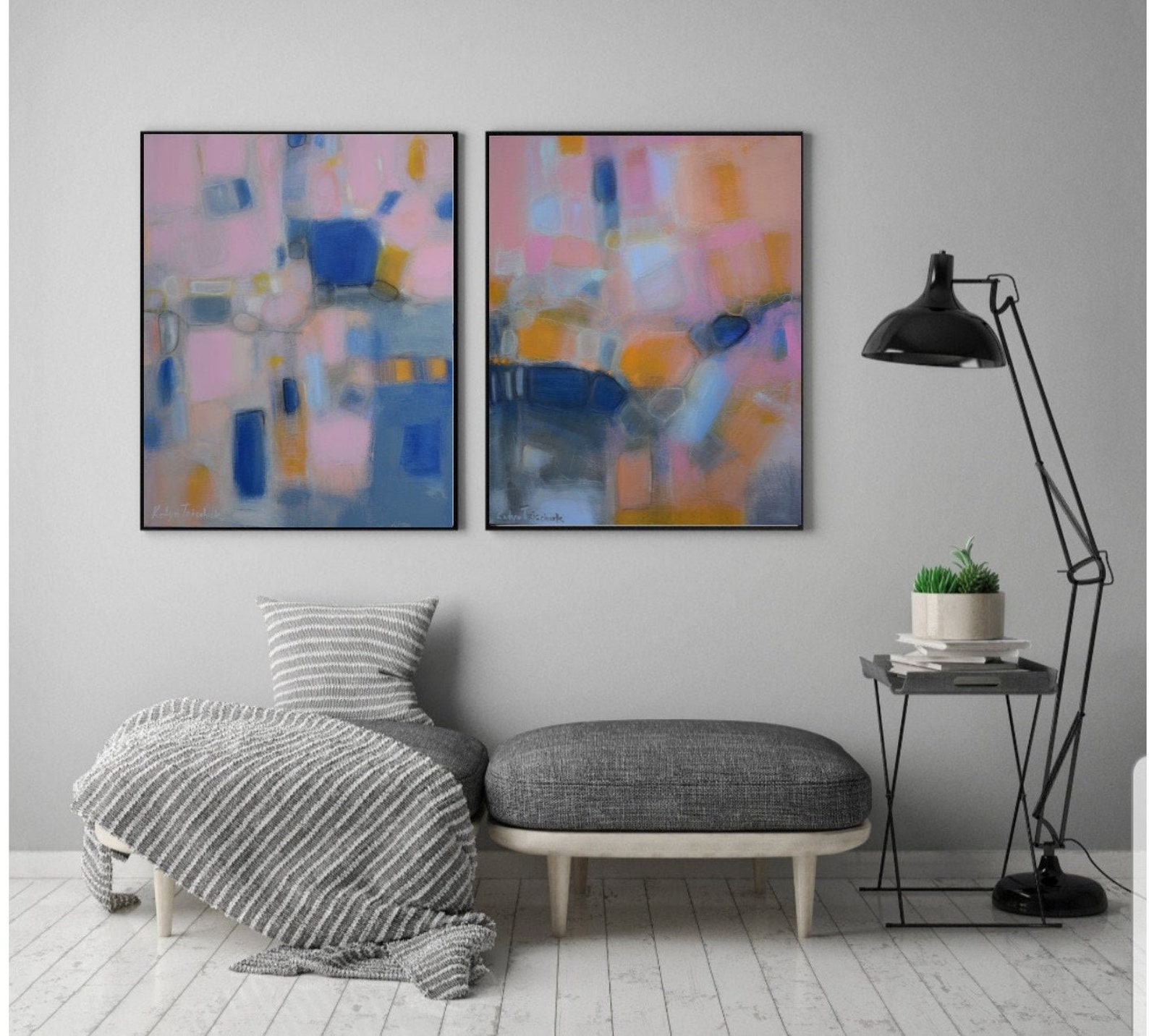 Abstract art set split canvas wall art print blush pink navy Etsy