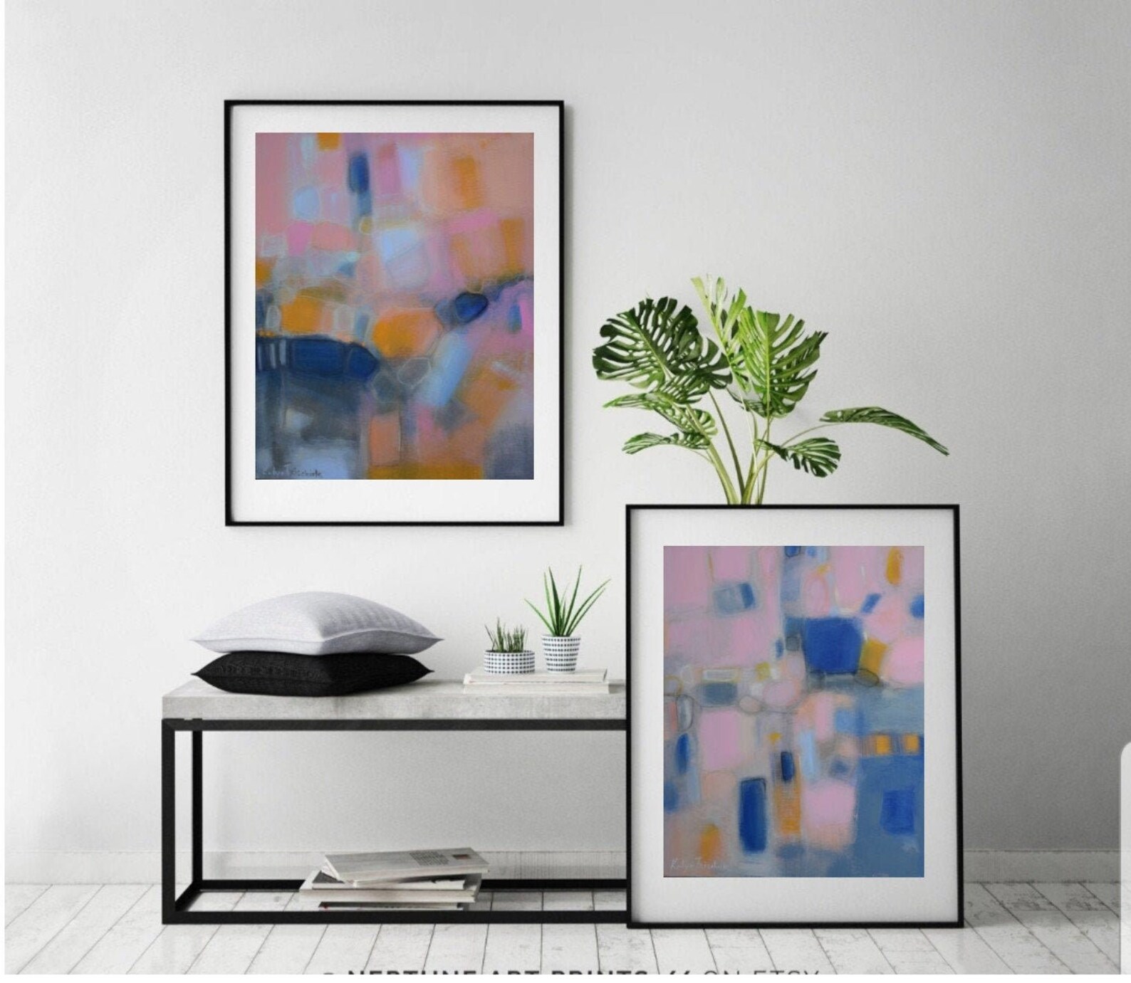 Abstract art set split canvas wall art print blush pink navy Etsy