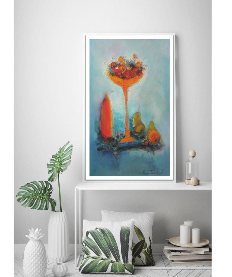 Still Life in Blue Kitchen wall art prints, turquoise orange red still life with fruits, art prints for dining room blue wall art canvas image 1