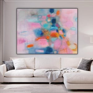 Impresión artística abstracta en lienzo: Giclée rosa ruborizado, aguamarina y turquesa