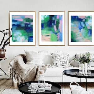 Trittico astratto di grandi dimensioni: stampa giclée su tela blu navy, verde acqua e smeraldo